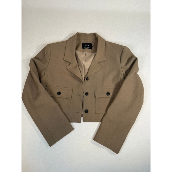 U-P Fashion Cropped Blazer Jacket Tan Two Button Utility Pockets Medium - Picture 2 of 8